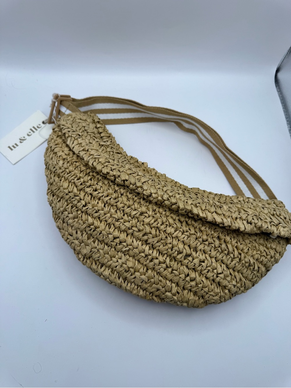 In & Elle Tan Woven Straw Crossbody Bag with Striped Strap